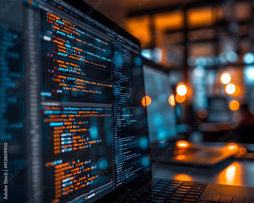 Poster close-up of computer screen with code, showcasing software development process in a modern, dimly li