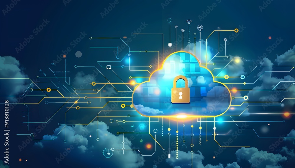 Poster cloud technology with cybersecurity concept showing data protection and encrypted digital network. c