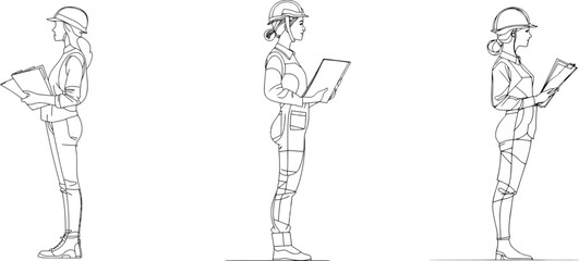 Professional Line Art Illustration of a Female Architect or Engineer Wearing a Hardhat and Holding Construction Plans Continuous Single Line Drawing for Engineering, Architecture, and Project Manageme