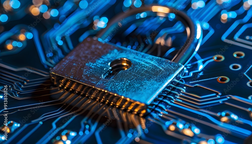 Poster a close-up shot of a padlock on a computer circuit board, representing cybersecurity and data protec