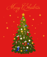 Bright red greeting card for Christmas day. Festive Christmas tree with cute toys and garlands. New Year card for friends, family and colleagues. Vector illustration