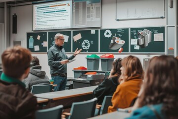 University Lecture on Waste Sorting with Professor and Attentive Students