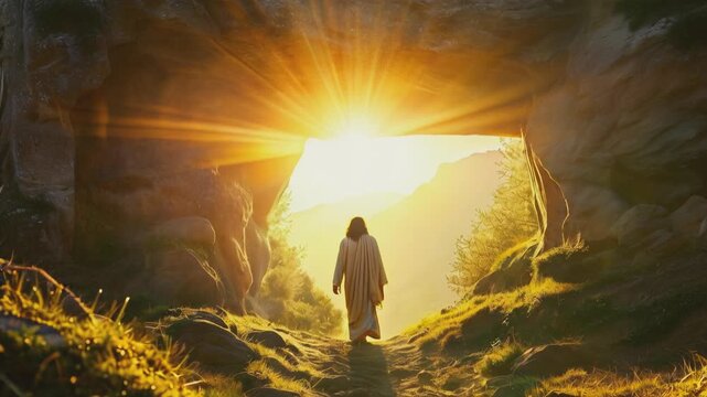 Jesus emerges from the cave at sunrise, bathed in golden light, symbolizing hope and resurrection. The majestic scene captures the profound moment of His return, with the rising sun casting a divine g