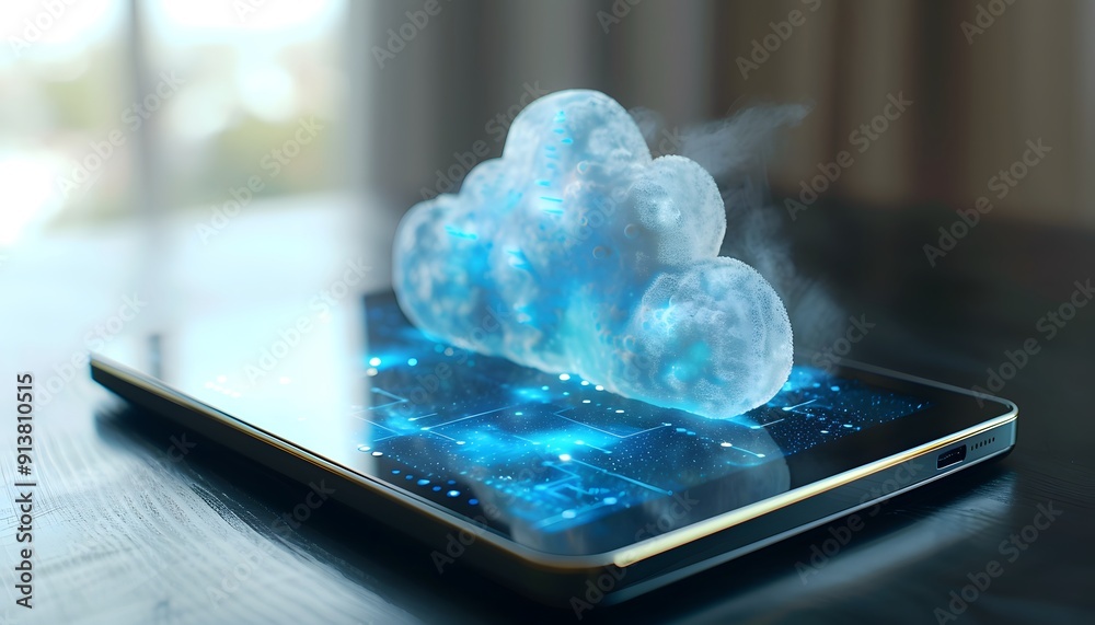 Poster a digital cloud hovering over a tablet, symbolizing cloud computing technology and data storage solu