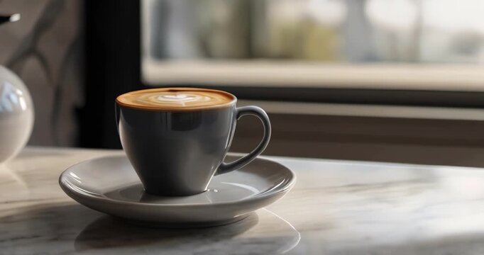 A black coffee cup with a detailed latte art heart sits on a marble countertop, with a modern kitchen blurred in the background, creating a cozy atmosphere. video 4k