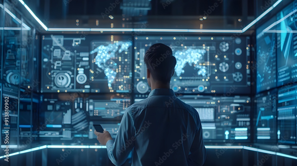Poster a person analyzing data on multiple digital screens showcasing global information and technology in 