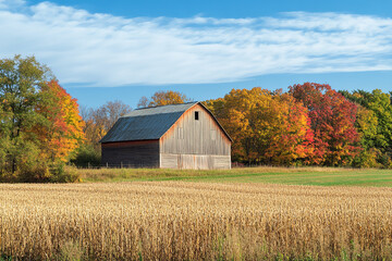 Rustic Autumn Landscape with Classic Barn and Harvest Fields  