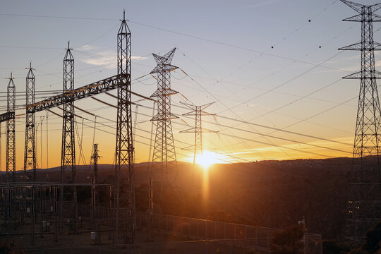 Hydroelectric plant infrastructure at sunset in Spain