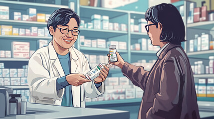 In a drugstore, a friendly Asian pharmacist hands over a bottle of pills to a customer. The customer pays and takes the medication.