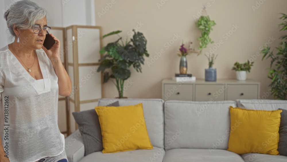 Poster mature grey-haired woman talking on a cellphone in a living room with indoor plants and yellow cushi