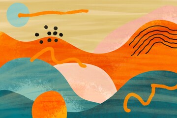 Abstract colorful landscape illustration with textured layers