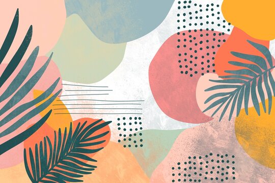 Abstract tropical foliage on pastel geometric shapes
