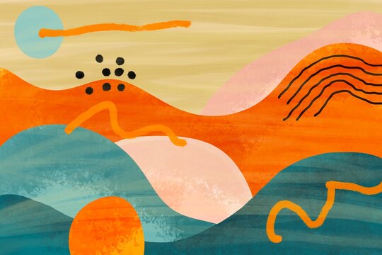 Abstract colorful landscape illustration with textured layers