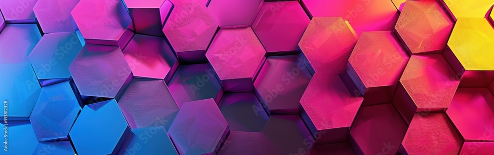 Fototapete A close-up shot of a hexagonal pattern made up of various colored blocks. The blocks change colors from left to right, starting with blue, then transitioning to purple, red, and ending with yellow.