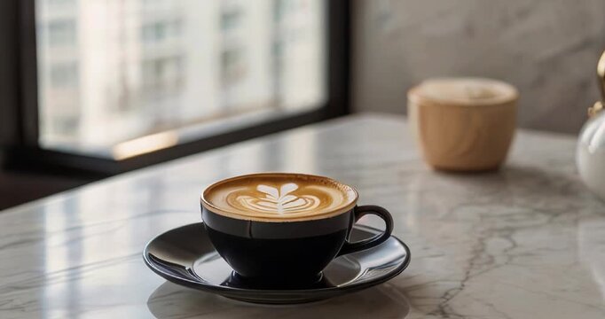 A black coffee cup with a detailed latte art heart sits on a marble countertop, with a modern kitchen blurred in the background, creating a cozy atmosphere. video 4k