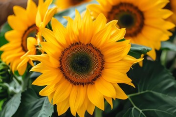 Obraz premium Close-up of a vibrant yellow sunflower blossom blooming in a natural garden with a bright and sunny background, showcasing the cheerful and colorful beauty of nature during the summertime