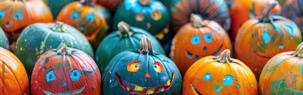 Poster a collection of pumpkins painted with various colors and designs are displayed together for a festiv