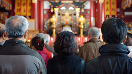 Fototapeta premium A diverse congregation gathers for a religious service, united in faith and prayer together.