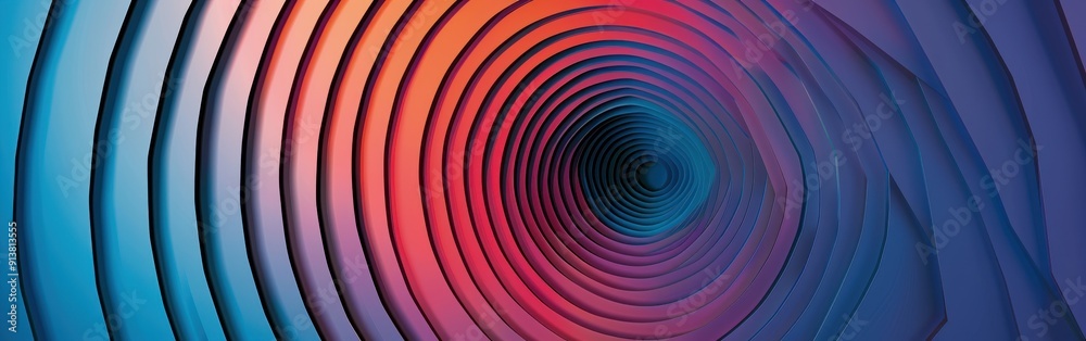 Leinwandbilder The image displays a close-up view of a three-dimensional abstract spiral pattern. The background is primarily blue, transitioning to pink and then a bright red in the center of the spiral. The color 