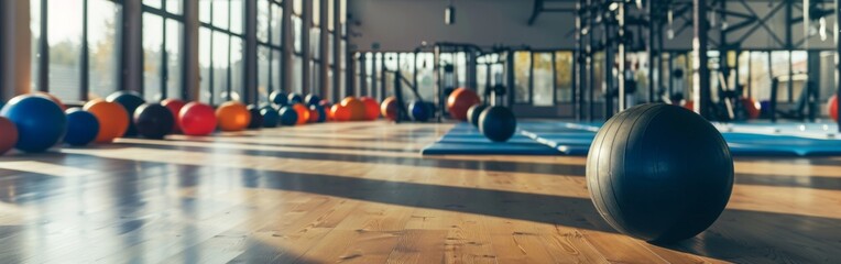 Bright, spacious gym filled with exercise balls and mats, illuminated by natural sunlight through large windows, ideal for workouts. Wide web banner