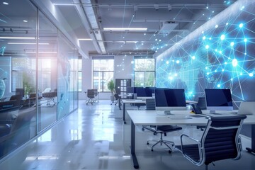 Obraz premium Smart Office with Interconnected Devices and Digital Whiteboards for Seamless Communication