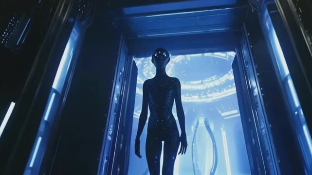Futuristic humanoid alien emerges from a glowing blue portal, evoking themes of advanced technology and science fiction. Perfect for projects involving AI, future technology, and space exploration