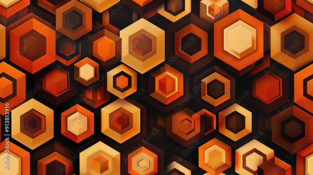 Poster a repeating pattern of orange and brown hexagons in various shades, with some appearing to be layere
