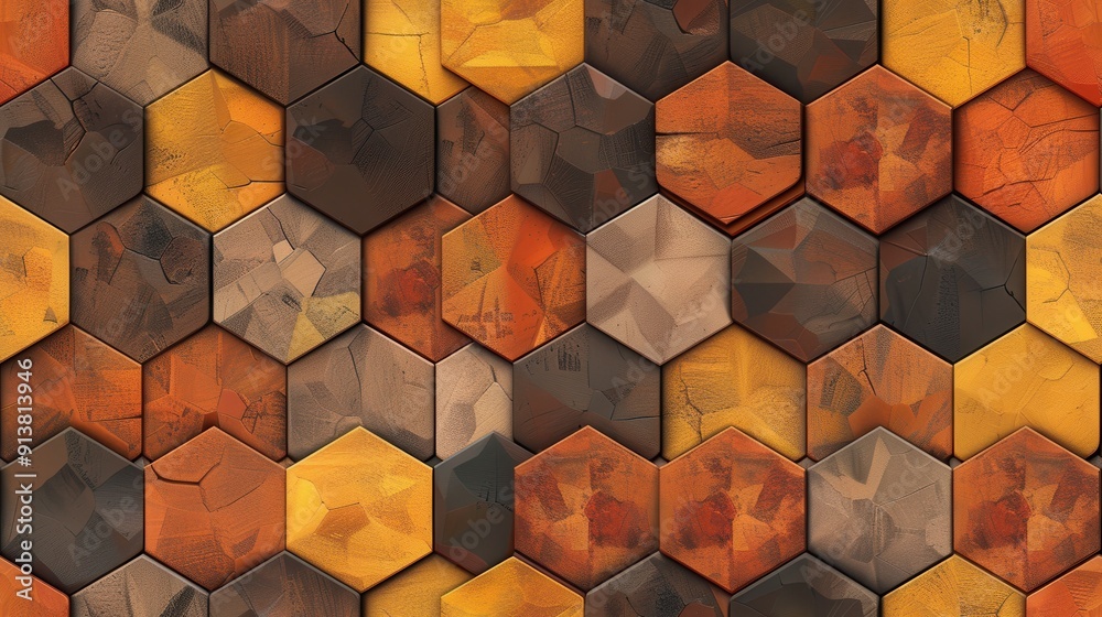 Aufkleber A close-up of a wall covered in hexagon-shaped tiles, each tile featuring a unique pattern and texture, in tones of orange, brown, and yellow. The tiles are arranged in a repeating, symmetrical patter