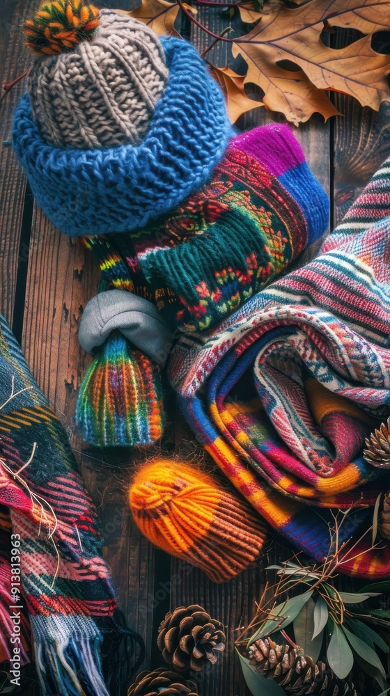 Leinwandbilder a close-up view of colorful knit hats and scarves, arranged on a wooden surface. the hats and scarve