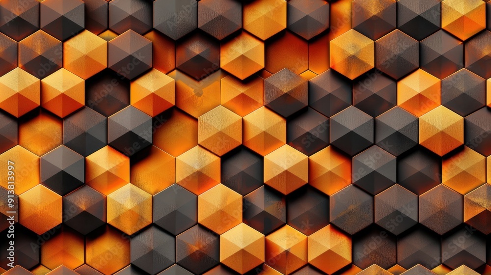 Aufkleber An abstract background featuring a repeating pattern of orange and gray hexagonal shapes. The hexagons are arranged in a symmetrical pattern, creating a sense of depth and dimension. The image is a di