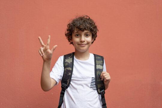 Smiling schoolboy showing three fingers, back to school concept
