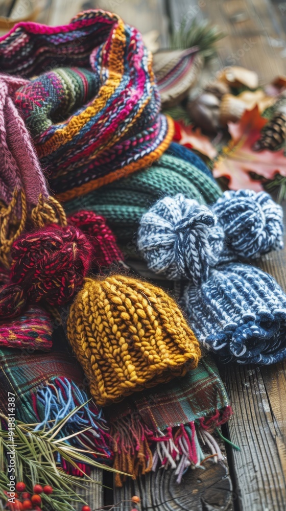 Poster a close-up image of a collection of knitted scarves and hats in vibrant colors, resting on a rustic 