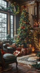 Obraz premium The image captures a cozy Christmas living room with a decorated Christmas tree, wrapped gifts, and a garland hanging by the windows. The room is filled with warm light, creating a festive and invitin