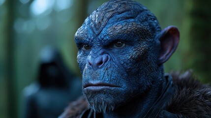 Close-up of a blue-skinned alien creature with a rugged, wrinkled face
