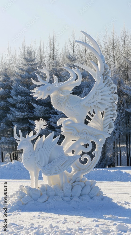 Poster a large, detailed ice sculpture of a reindeer with elaborate antlers stands on a snow-covered field,