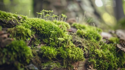 A close-up shot of vibrant green moss thriving on a tree trunk in a forested environment. The moss appears soft and velvety, with delicate stems reaching towards the light. The background is blurred, 