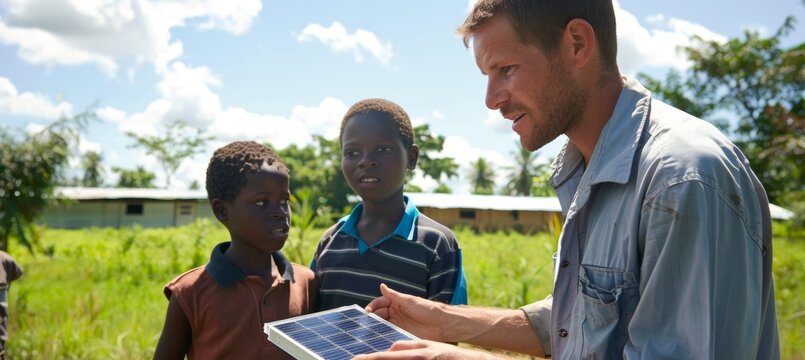 Teacher Demonstrating Small Scale Solar Panel System to Students for Renewable Energy Education