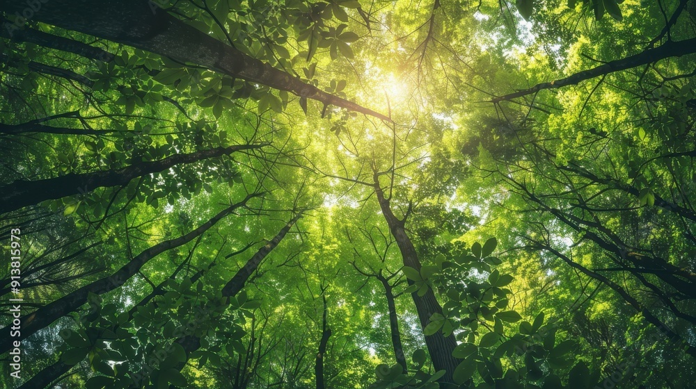 Poster a view from below looking up through the dense foliage of a summer forest, sunlight shining through 