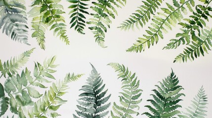This painting depicts a collection of green fern leaves against a white background. The leaves are painted in a watercolor style, with varying shades of green. Some of the ferns are large and full, wh