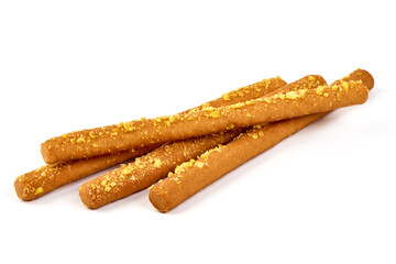 Crunchy bread sticks, cheese sticks, isolated on white background. High resolution image.