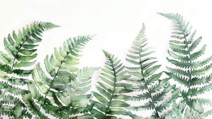Naklejka premium A watercolor painting of six fern fronds in various shades of green, against a white background. The painting has a delicate, airy feel, highlighting the intricate detail of the fronds.