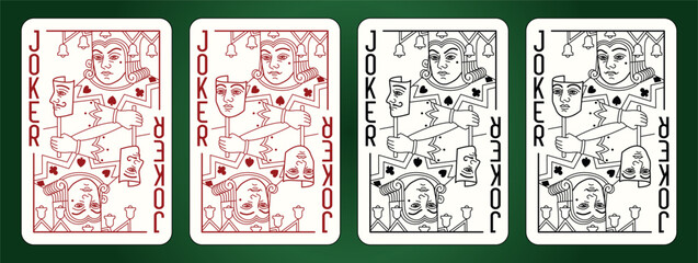 Joker playing cards set. Editable stroke. Spades, Hearts, Diamonds and Clubs suits. Vector line illustration.