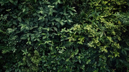 A close-up photograph of a wall of lush green foliage in a garden setting. The image captures the intricate details of various leaves, showcasing a variety of shapes, sizes, and textures. The overall 