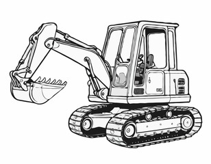 Cartoon excavator digger crawler wheels vehicle equipment machine construction site. Only black and white for coloring page, children