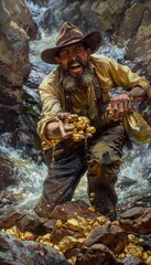 Elated Prospector Discovering Gold Nuggets in a Rocky Stream - Wild West Adventure Concept