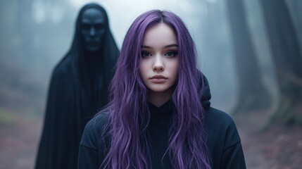 mysterious hooded figure and woman with purple hair