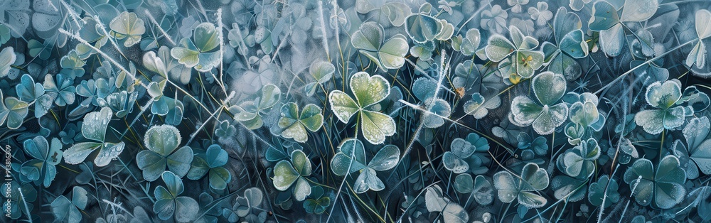 Poster a close-up view of clover leaves covered in frost, illuminated by the soft light of sunrise. the del