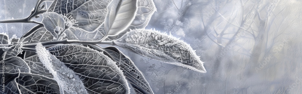 Poster a close-up photograph of a leaf covered in frost with a blurry background of trees and fog, suggesti