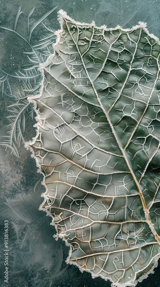 Poster A close-up image of a single leaf, covered in a layer of frost. The leaf's veins are clearly visible, and the frost gives the leaf a delicate, ethereal appearance. The background is a blurry green, hi