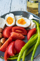 healthy breakfast plate and green tea on table